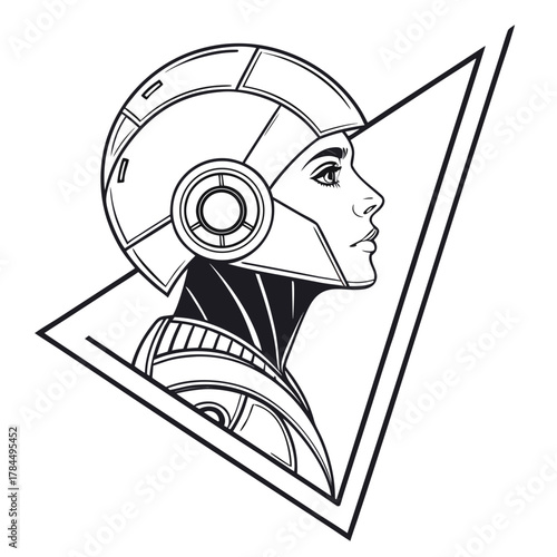 A futuristic female cyborg with a helmet and triangular frame, , embodying advanced technology and science fiction themes