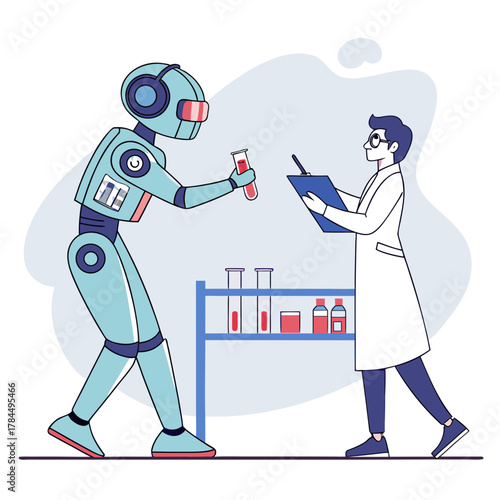 A scientist and a robot are working together in a lab, the robot hands over a test tube with a red liquid