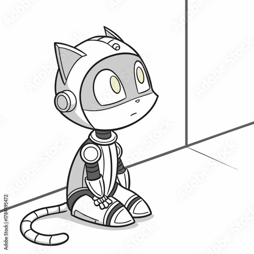 A cute robot cat with a helmet sits sadly in the corner of a room, looking up with big eyes cartoon illustration