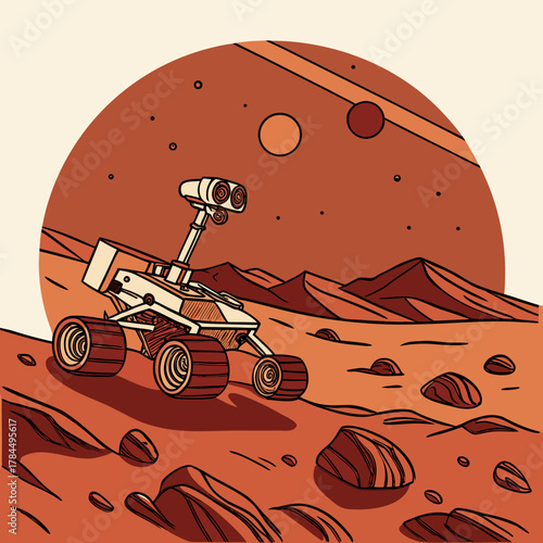 A rover is exploring the surface of mars, with planets visible in the background, under a cloudy sky on a red planet, in a cartoon style