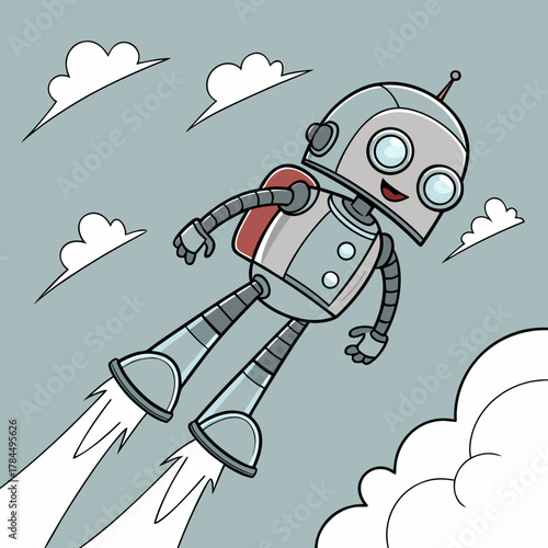 A cheerful cartoon robot soars through the sky with a jetpack, surrounded by fluffy white clouds, conveying a sense of adventure and exploration