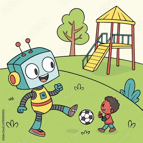 A blue robot is playing soccer with a child on a grassy field with trees and a playground in the background on a bright day