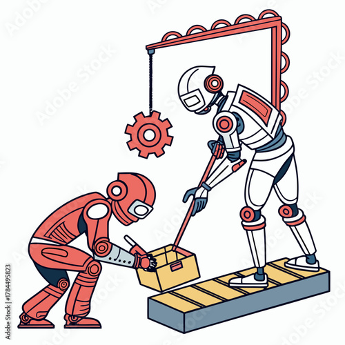 Two robots are working on an assembly line, one is lifting a gear with a crane, the other is packing a box