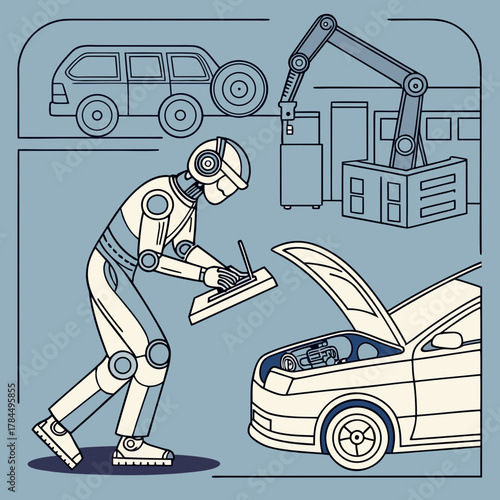 Futuristic robot mechanic diagnosing car issues with digital tablet, showcasing advanced technology in automotive repair and maintenance process