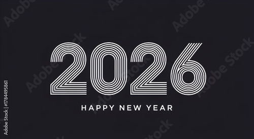Happy New Year 2026 minimalist greeting card with white striped numbers on a dark background, modern graphic design for celebration and future events.