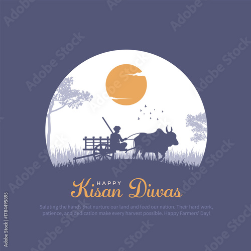 Happy Kisan Diwas Text with farmer farming silhouette vector illustration for a social media creative post template.