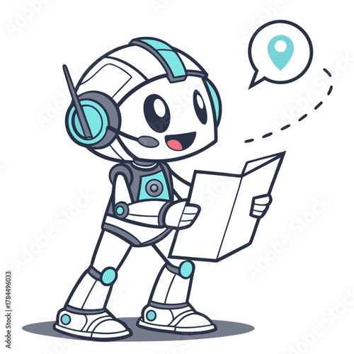 A friendly robot with a headset consults a map, a location pin in a speech bubble above, symbolizing navigation and assistance