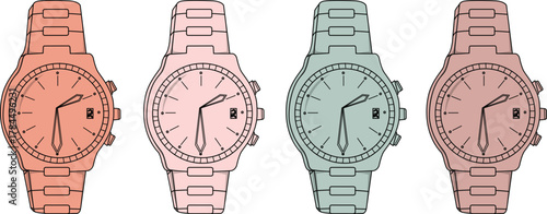 Collection of stylish wristwatches in a range of contemporary colors, showcasing modern timekeeping accessories with a clean, vector-based design
