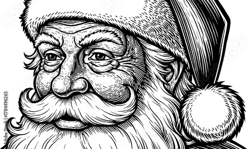 Vintage-style classic portrait of Santa Claus with signature hat and friendly jovial expression, Christmas design on transparent background