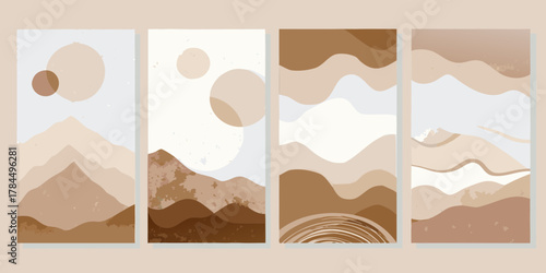 Set of four abstract minimalist landscape art prints with earth tones and geometric shapes