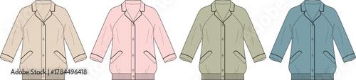 Technical flat illustration of a women's bomber jacket design. Displayed in beige, pink, olive green, and blue colors for fashion apparel production