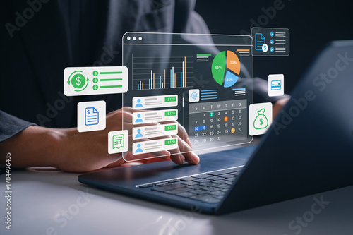AI payroll system interface showing employee salary data, budgeting graphs, and monthly calendar used on laptop for digital finance management and automated compensation planning in business setup