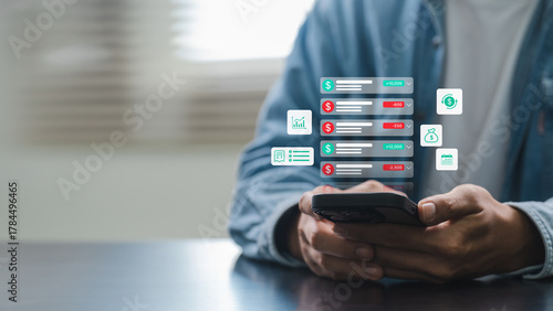 Mobile finance management concept with person checking real time transactions, digital income and expense tracking, and financial data analytics on smartphone for personal budgeting and smart banking