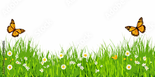 Two monarch butterflies fluttering above a lush green meadow filled with white daisies and small flowers