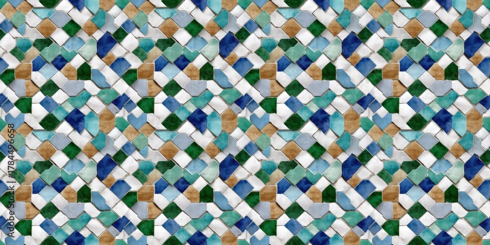 Fototapeta premium Vibrant geometric mosaic tile pattern, intricately designed with blue, green, and neutral tones. A seamless decorative background reflecting rich cultural art
