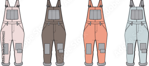 Vector illustration of stylish women's overalls in different pastel and earthy colors, featuring knee patches. A versatile concept for casual fashion design