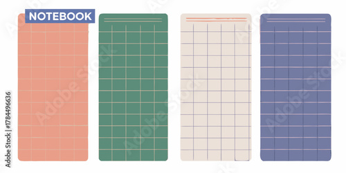 Four colorful notebook pages with grid lines and rounded corners perfect for journaling or planning