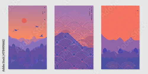 Three abstract minimalist japanese style landscape artworks with mountains sun and birds in gradient colors