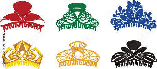 Set of colorful decorative hair claw clips, stylish women fashion accessories in red, green, blue, yellow, and black design