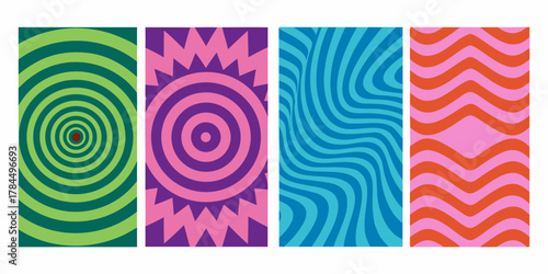 Four vertical panels featuring vibrant retro psychedelic patterns in circles waves and zigzags