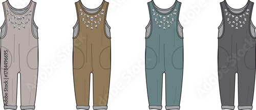 Flat illustration of four children's overalls in different muted colors with beaded details on the neckline