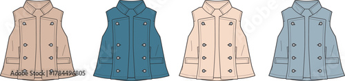 Fashion design technical flat sketch template set of a classic sleeveless double-breasted trench vest in a palette of four colors