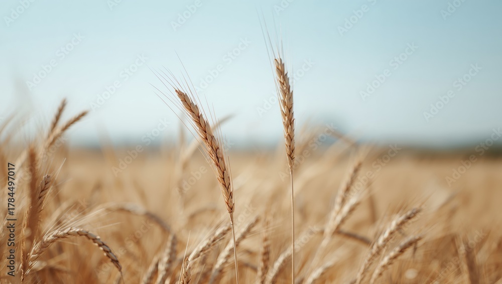 Fototapeta premium Golden Field, Warm Light, Delicate Textures, Ripe Stalks Against Clear Blue Sky.