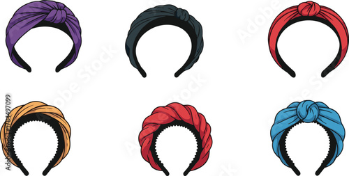 Colorful women headband collection with knotted and twisted fabric designs, stylish fashion accessories for modern hairstyle and beauty illustration