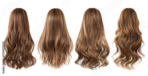 Four variations of long, wavy, brown and blonde hair against a black background