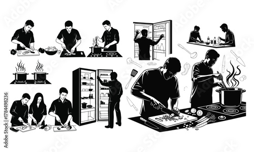 Monochrome cooking process illustrations of people preparing food and meals.