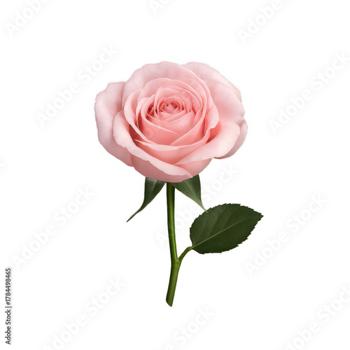 A single delicate 3d light pink rose with a long green stem and a single leaf isolated on transparent background
