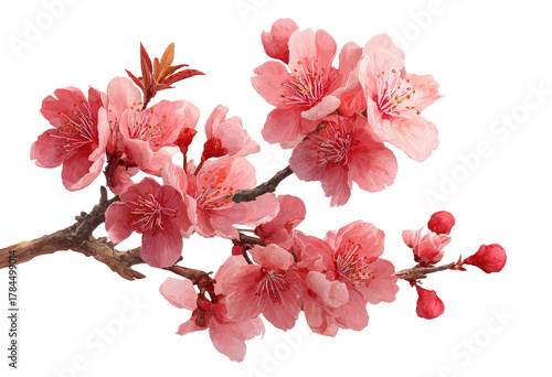 Close-up of a flowering tree branch with delicate pink blossoms and buds, against a void background