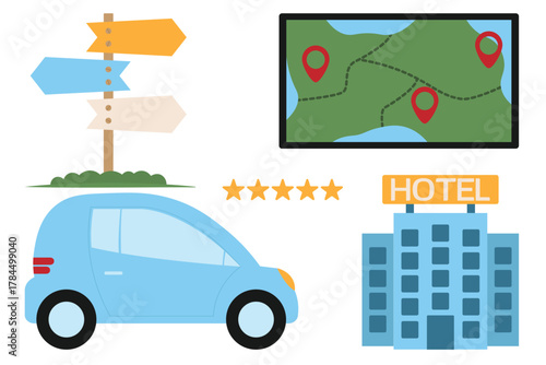 Family road trip set with car signposts map and hotel for weekend routes and drive plus stay offers