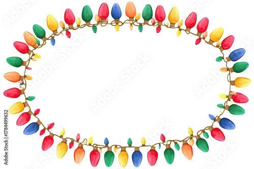 Festive illustration of colorful lightbulbs strung together in an oval shape, perfect for holidays