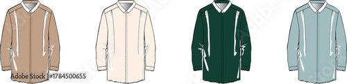 Four stylish long-sleeved shirts displayed in a row with different colors beige, cream, dark green, and light blue