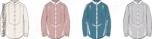 Set of men's long-sleeve shirt fashion flat sketches in multiple colorways. Technical drawing vector template for apparel design and clothing manufacturing