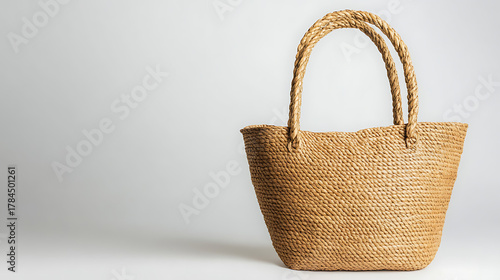 Fototapeta Naklejka Na Ścianę i Meble -  Capture the essence of coastal living with this handcrafted woven tote. Its natural texture and spacious design make it the ideal companion for beach days and summer getaways.