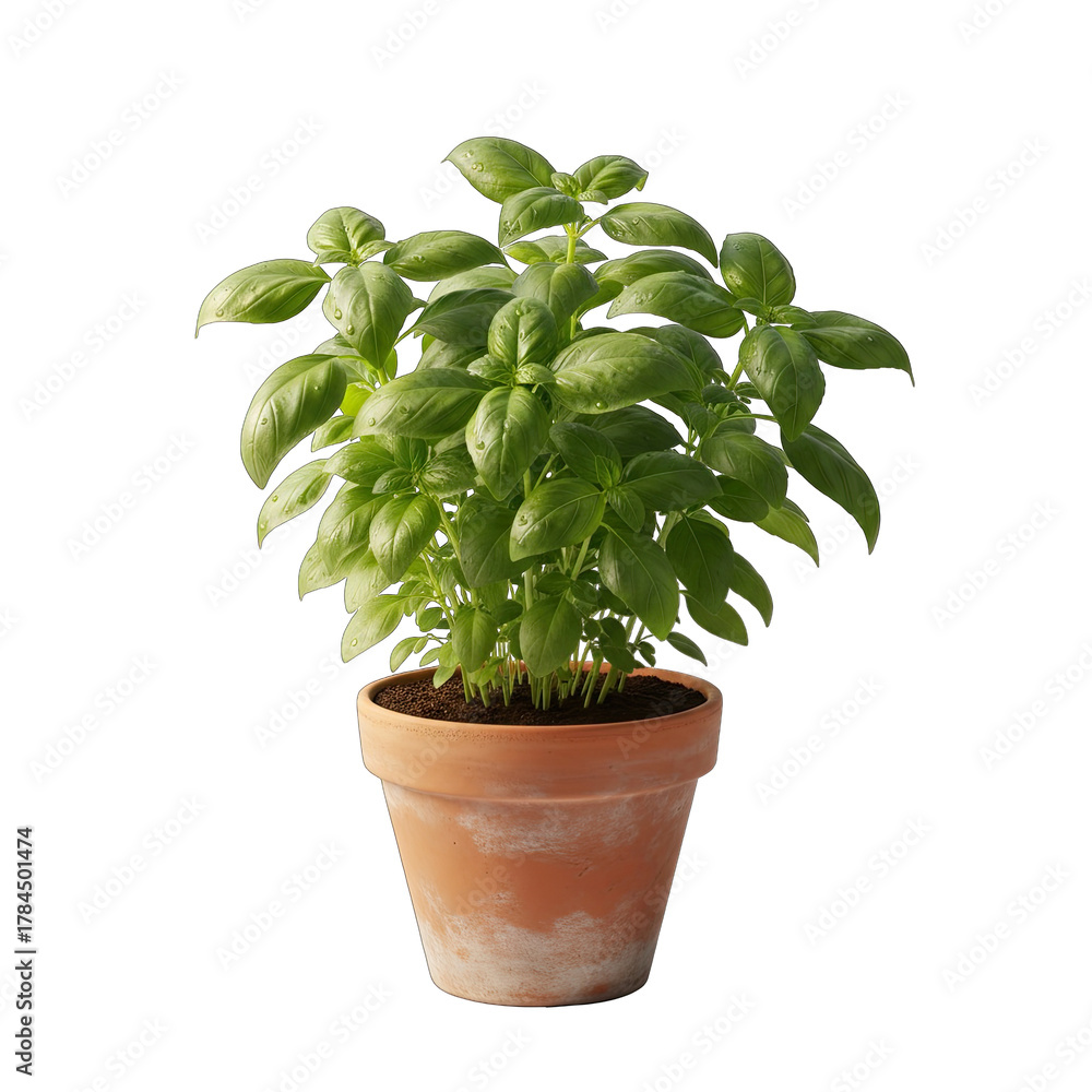 Fototapeta premium Fresh Green Basil Plant in a Terracotta Pot with Water Droplets Isolated on Transparent Background Product Lighting