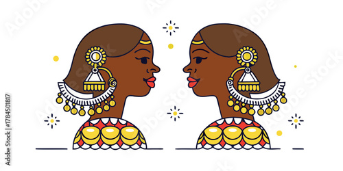 Two stylized women facing each other with elaborate jewelry and decorative elements around them