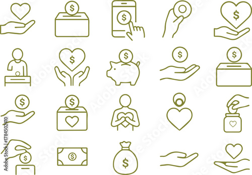 Line art illustration of charity and donation icons isolated on white background, representing generosity, support, and community involvement in a minimalist style