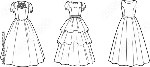 Elegant long evening dresses fashion design, cad drawing flat vector illustration with layered skirts, puff sleeves, and classic style inspiration