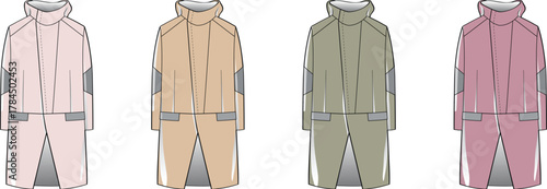 Four fashion illustrations of hooded trench coats in different pastel colors pink, beige, sage green, and rose, showcasing outerwear styles