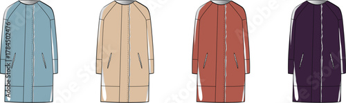 Set of four minimalist long jackets in different colors, showcasing modern outerwear styles