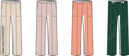 Technical flat drawing of women's straight leg trousers in a varied colorway, an apparel design vector set for fashion mockups