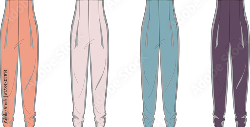 Vector illustrations of four pairs of women's comfortable high-waisted tapered trousers in soft pastel shades, showcasing fashion design concepts for casual apparel