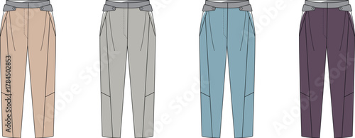 Collection of four stylish, comfortable, and versatile trousers in different neutral colors, perfect for any wardrobe