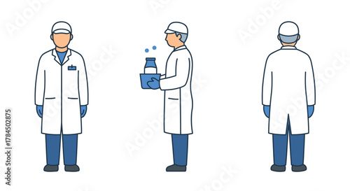 A simple flat vector of three milk processing plant workers. full body front view, full body side view, and full body back view.