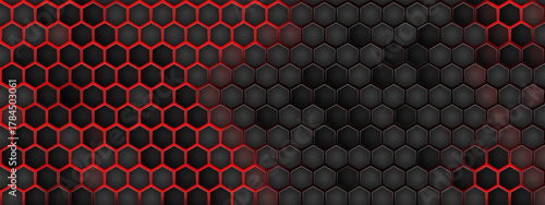 Red hexagon honeycomb on black metal backdrop with neon texture. Cyberpunk pattern features glowing mesh, steel geometric elements, futuristic grid Vector background for digital wallpaper