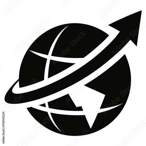 Black silhouette of a globe with an upward arrow and orbital lines isolated on white background