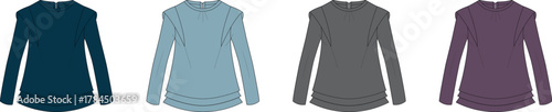 Vector illustrations of women's long sleeve casual tops. Four distinct colored pullovers in blue, grey, and purple, ideal for fashion design, e-commerce, and apparel catalog graphics